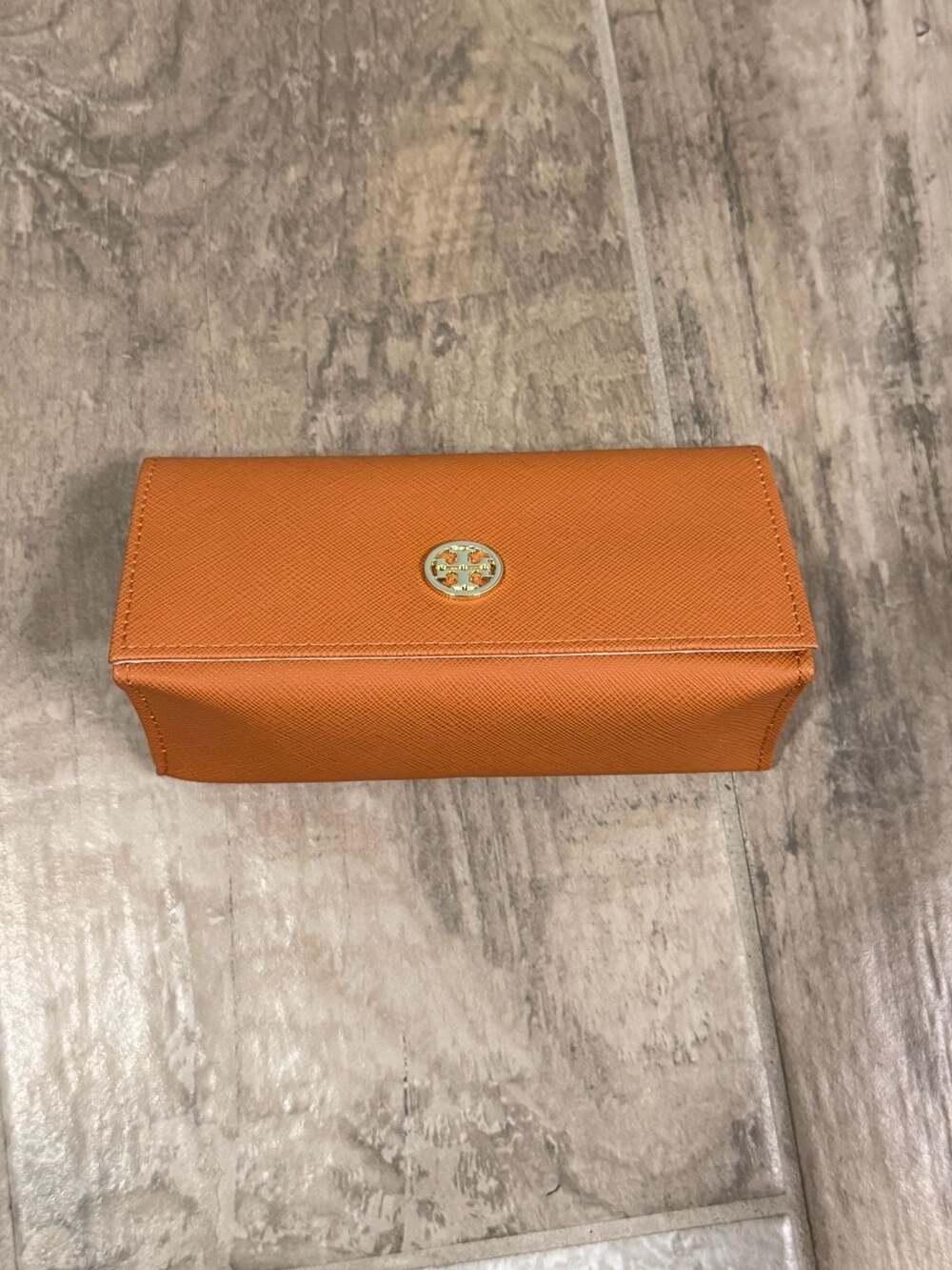 Tory Burch Orange Saffiano Leather Hard Eyeglass Sunglasses Case with Gold Logo